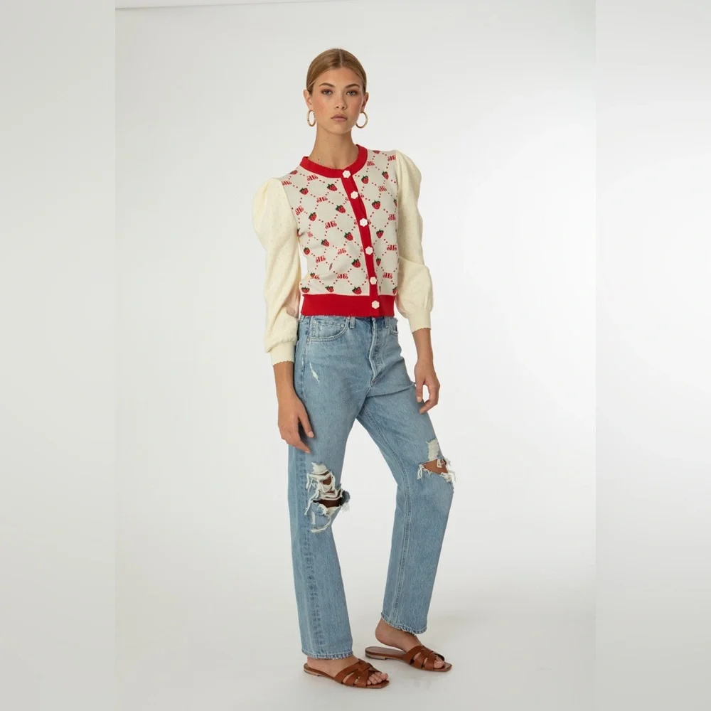 EllandEmm NWOT Strawberry Monogram Cardigan in Cream and Red, Size S/M - Picture 13 of 14